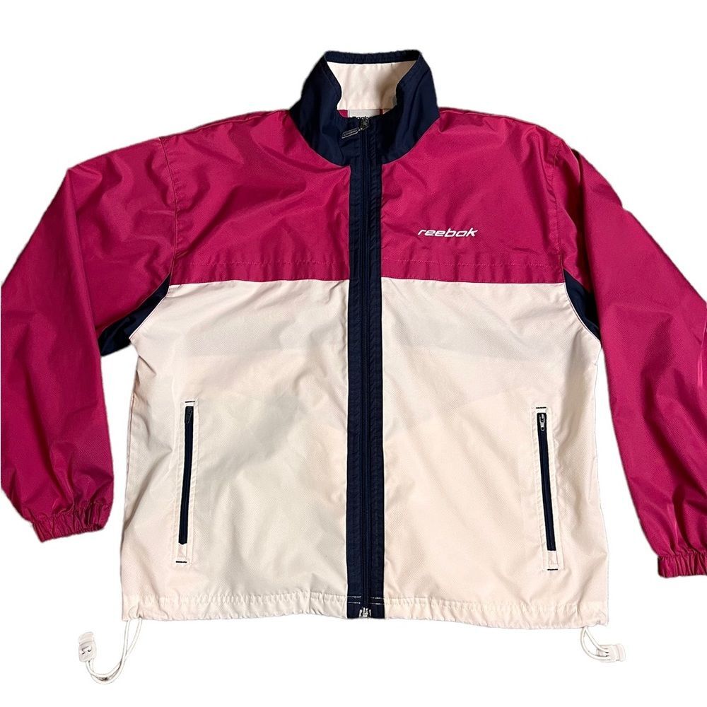 Vintage Reebok Color Block Wind Jacket Size Small Pink Blue White Zip Pockets